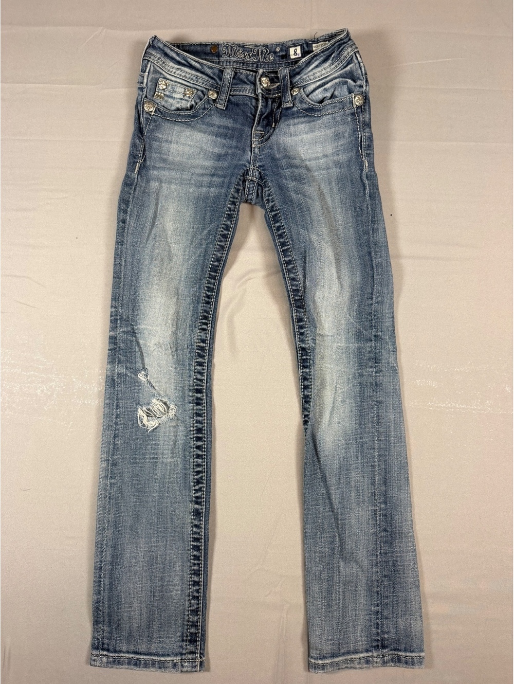 Miss Me Jeans Youth Size 8 Blue Distressed Rhinestone Low Rise